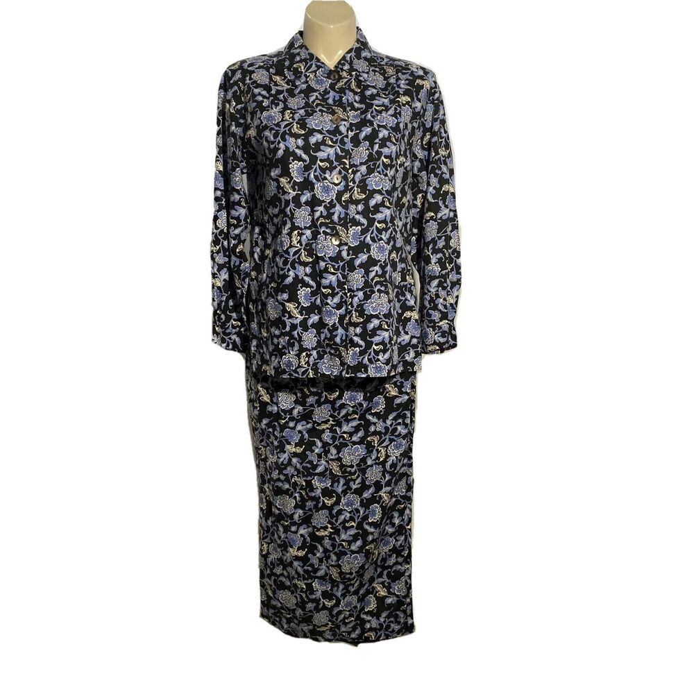 Garnet Hill SET 100% Linen Shirt Pencil Skirt‎ Faux Wrap Black White Blue Floral